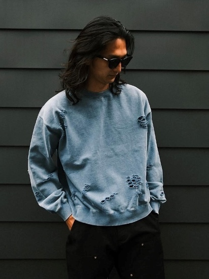 DELUXE 「Sabotage」 ダメージ加工 クルーネックスウェット